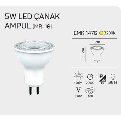 Emk LED Çanak Ampül MR16 220V 5W 3000K Gunışığı Işık 1476